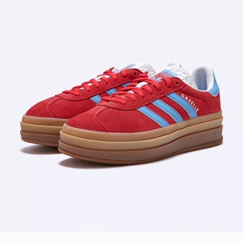 Adidas Gazelle Bold. Red Suede with Blue Stripes. Brand New Without Box